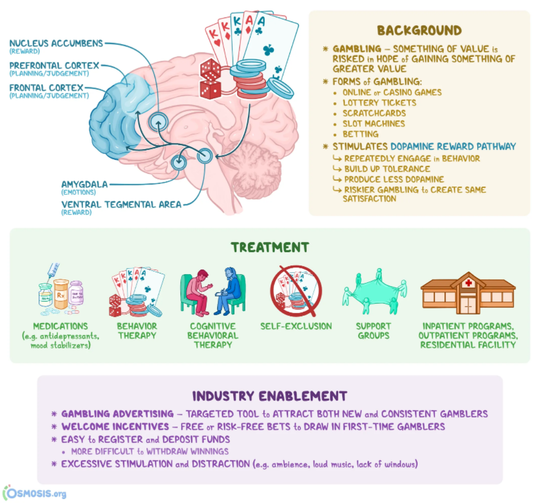 <ul><li><p><span style="background-color: transparent;"><span>Same brain system</span></span></p></li><li><p><span style="background-color: transparent;"><span>Its this medial learning reward network pushing us to pay more attention to how we can secure more of those rewards</span></span></p></li></ul><p><br></p><ul><li><p><span style="background-color: transparent;"><span>The way we try to treat people who are stuck in these cycles is in the exact kind of same ways we try to limit the experience of reward, increasing feelings of control maybe with antidepressants, behaviour therapy, talk therapy, avoid triggers, find support groups, maybe even physically removed from situations where you can gamble for periods of time</span></span></p></li></ul><p></p>