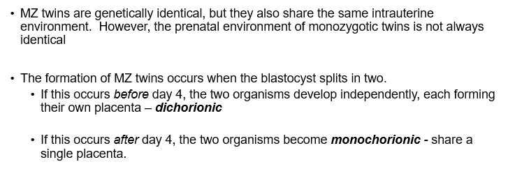 <ul><li><p>the concordance rate for monochorionic MZ twins was found to be 60% vs 32% in dichorionic MZ twins </p></li></ul>