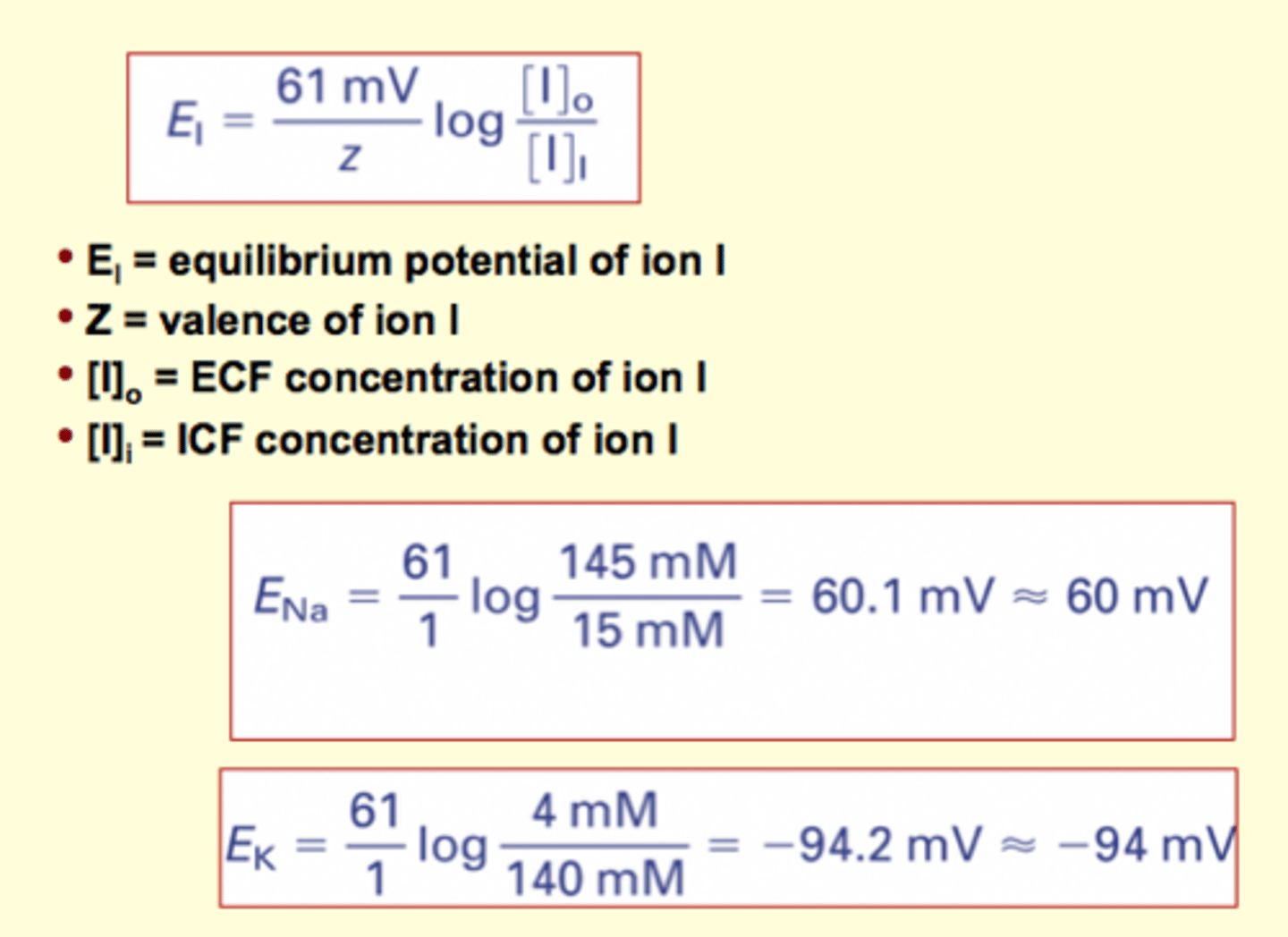 <p>ie. Na = equilibrium is +60 (relative to the outside of the cell)</p><p>chemical driving force = to inside of cell (since Na+ is more concentrated outside the cell)</p><p>therefore, +60 (electrical driving) going outside of the cell</p><p>K+: more concentrated inside cell</p><p>Needs an electrical driving force (large, -94 mV) going inside cell</p>
