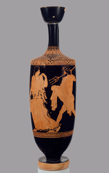 <p>Phiale Painter: Attic red-figure lekythos - <em>Poseidon pursuing Amymone</em>, Greek, c. 440 BCE</p>