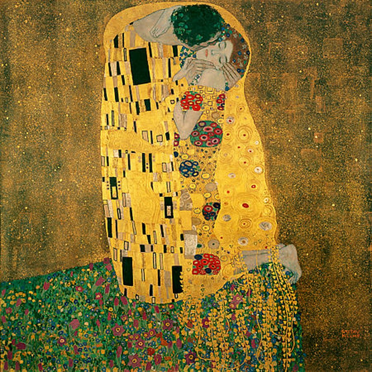 <p>1907-1908. Gustav Klimt. Oil and gold leaf on canvas. Art nouveau.<br>Very decorative/surreal<br>Incorporated nudity into his artwork, many emaciated, thin, angular, (not soft and doughy like venus of urbino) or figures with pubic hair.<br>Unconventional. Recieved backlash for inappropriate artwork, "tone down".<br>Led to the CLOTHED kiss.<br>Become "one" - gold monolith.<br>Male figure has rectangular patterns, female has circular<br>Round decorative forms, nature - art nouveau.<br>Sexes separated by SHAPES and COLORS!<br>Scene of passionite serenity; all consuming love.<br>Tension with WW2 🙁<br>Profound, psycholigcal state.<br>FLAT GOLDEN BACKGROUND - BYZANTINE ART!! Justinian and attendants.<br>HISTORICALLY REFERENCING ART<br>Timelessness<br>Manuscripts, altars. Also EA stuff</p>