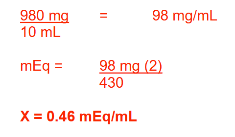 <p>0.46 mEq/ml</p>