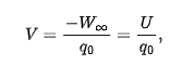 <p>W(inf) = work that would be done by the electric foce on a positive test charge were it brought from an infinite distance to P</p><p>U = electric potential energy stored in </p><p></p>