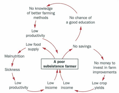 <ul><li><p>lics have high proportion of workers in primary industry</p></li><li><p>mainly subsistence farmers as only way to make living</p></li><li><p>areas of subsistence e.g. fertile parts of sub-saharan africa have large areas where each small farm supports a large family</p></li><li><p>ppl poor bc eat what they grow and little surplus to sell for money</p></li><li><p>not enough work on farm to keep everyone fully employed and undermployment common</p></li><li><p>despite large no. unemployed people, few other jobs available for uneducated so no choice</p></li><li><p>poverty trap = vicious circles, situations w no way to improve</p></li><li><p>other primary employment can be provided by fishing, forestry, mining, but once again difficult for workers to command more than basic income</p></li><li><p>fish for sale in urban/foreign markets. forestry controlled by foreign companies who employ local people for basic tree felling</p></li><li><p>mining controlled by large often foreign companies who use locals as cheap unskilled labour and take profits for themselves</p></li><li><p>secondary industry craft-based such as village blacksmith and carpenter. lack of educated workforce and poor national ifnrastructure dont attract large tncs so inward investment low</p></li><li><p>tertiary jobs demand level of education beyond what is available to most people and are almost all funded by govs</p></li><li><p>wages in these service industries are low bc gov colelcts very little money from taxes bc most people dont work in commercial, money based economy</p></li></ul><p></p>