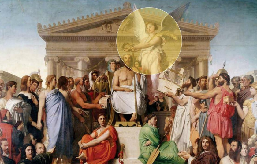 The blind poet is crowned by a winged Nike, and he is surrounded by famous artists and writers from history, who acknowledge his great achievement