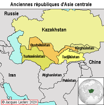 <ul><li><p>5 pays - Ouzbékistan, Turkménistan, Kirghizstan, Kazakhstan, Tadjikistan</p></li><li><p>4 langues altaiques&nbsp;</p><ul><li><p>Ouzbek, turkmène, kirghiz, kazakh</p></li></ul></li><li><p>1 indo-européenne</p><ul><li><p>tadjik</p></li></ul></li></ul><p></p>