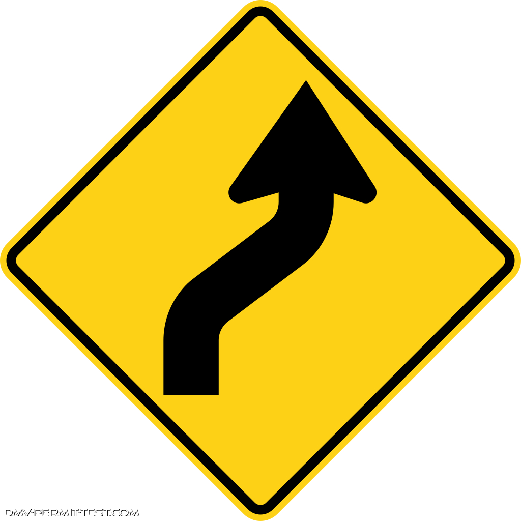 <p>What does a triangular yellow sign with arrow pointing up, curving from right to left?</p>
