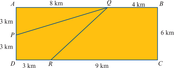 <p>a large rectangular area of land, ABCD in the diagram, has been subdivided into three regions as shown.</p><p>a) find the area of</p><p>i) region PAQ</p><p>ii) region QBCR</p><p>iii) region PQRD</p><p>b) find the size of the angle PQR, correct to one decimal</p>