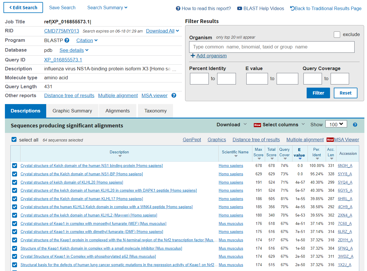 BLASTp search was done using the protein data bank (PDB) database to search for structure representatives for NS1 protein from Influenza Virus.  Which of the following results is the best structure representative to use? 

   

5YQ4_A

 

6N3H_A

   

5YY8_A

\
More information is needed to determine which one is the best