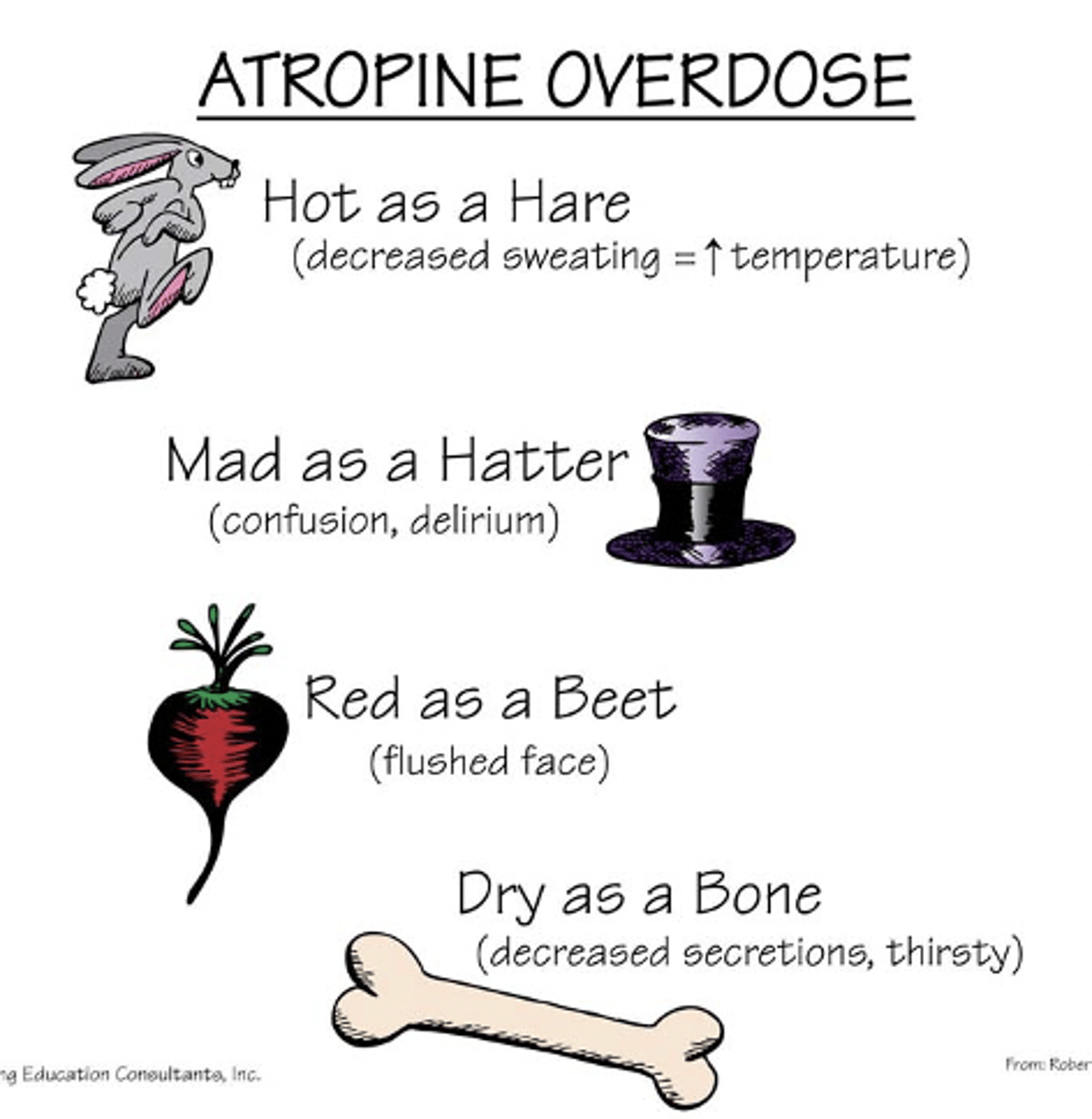 <p>-decreased sweating=increased body temperature</p><p>-confusion/delirium</p><p>-flushing</p><p>-decreased secretions</p><p>-thirst</p>