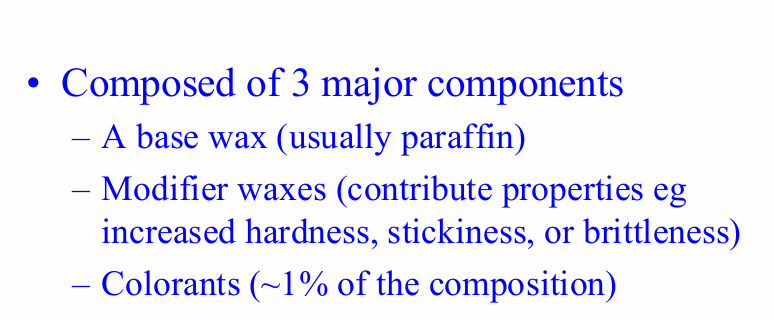 <ul><li><p>a base wax - usually paraffin</p></li><li><p>modifier waxes</p></li><li><p>colorants</p></li></ul><p></p>