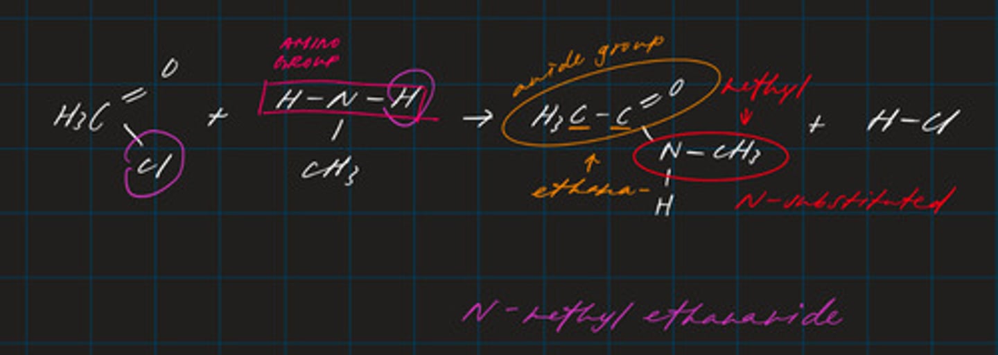<p>CH₃C=OCl + NH₃CH₃ → CH₃C=ONHCH₃ + HCl</p>