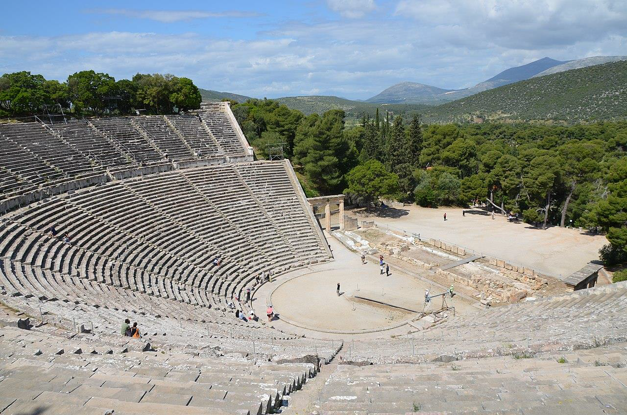 <p>Large open-air theatres built into hillsides, like Epidaurus, with excellent acoustics and tiered seating</p>