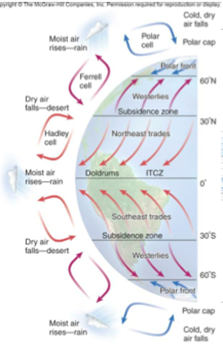 <p>Areas of high pressure and low pressure found about every 30 degrees latitude.</p>