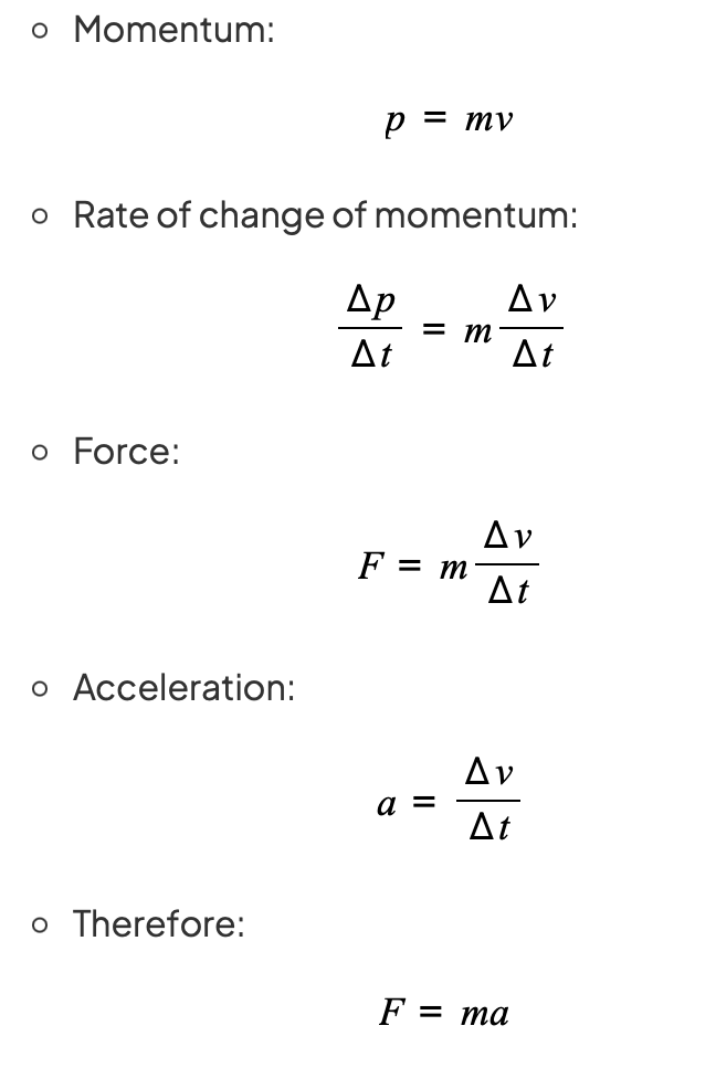 <p><strong>Newton's second law : The resultant force on an object is equal to its rate of change of momentum</strong></p><p><span><strong>Change in momentum</strong></span>&nbsp;is in the&nbsp;<span><strong>same direction</strong></span>&nbsp;as the resultant force</p>