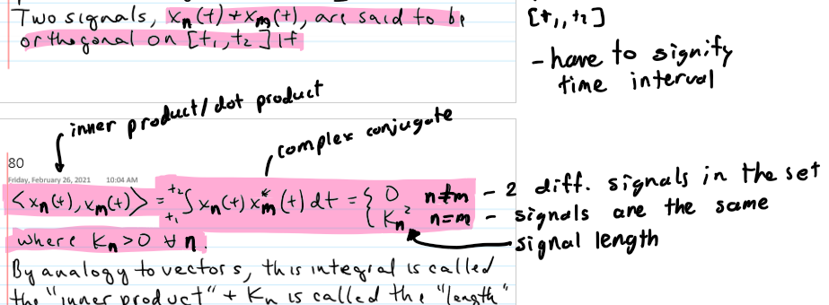 <p>a set of signals orthogonal signal set on [t1, t2] are pairwise orthogonal on [t1, t2] (have to signify time interval); if Kn = 1 for all n, then the set is said to be&nbsp;“orthogonal” (unity length)</p>