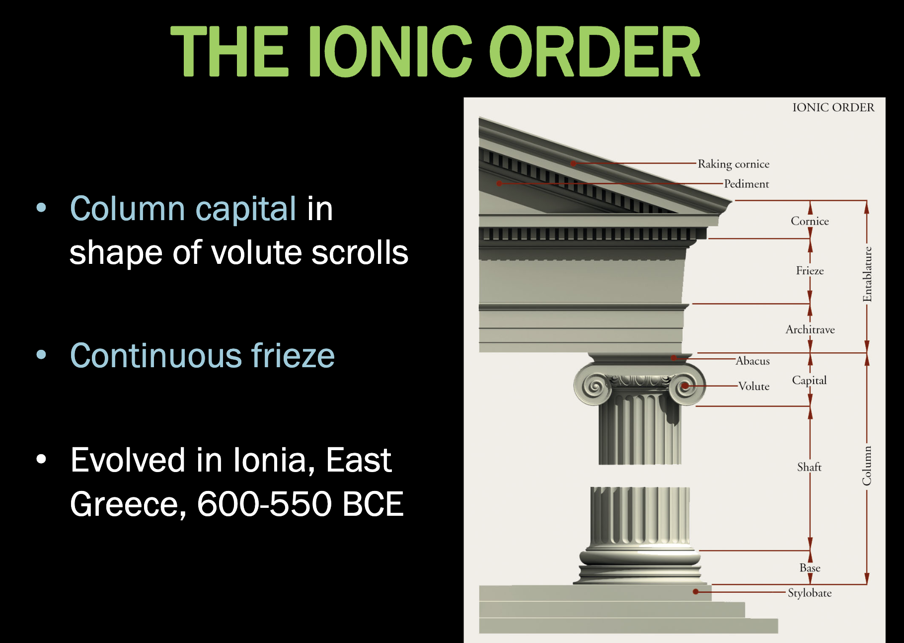 <p>An architectural order with slender, fluted columns, distinctive scrolled capitals (volutes), and a more decorative frieze.</p>
