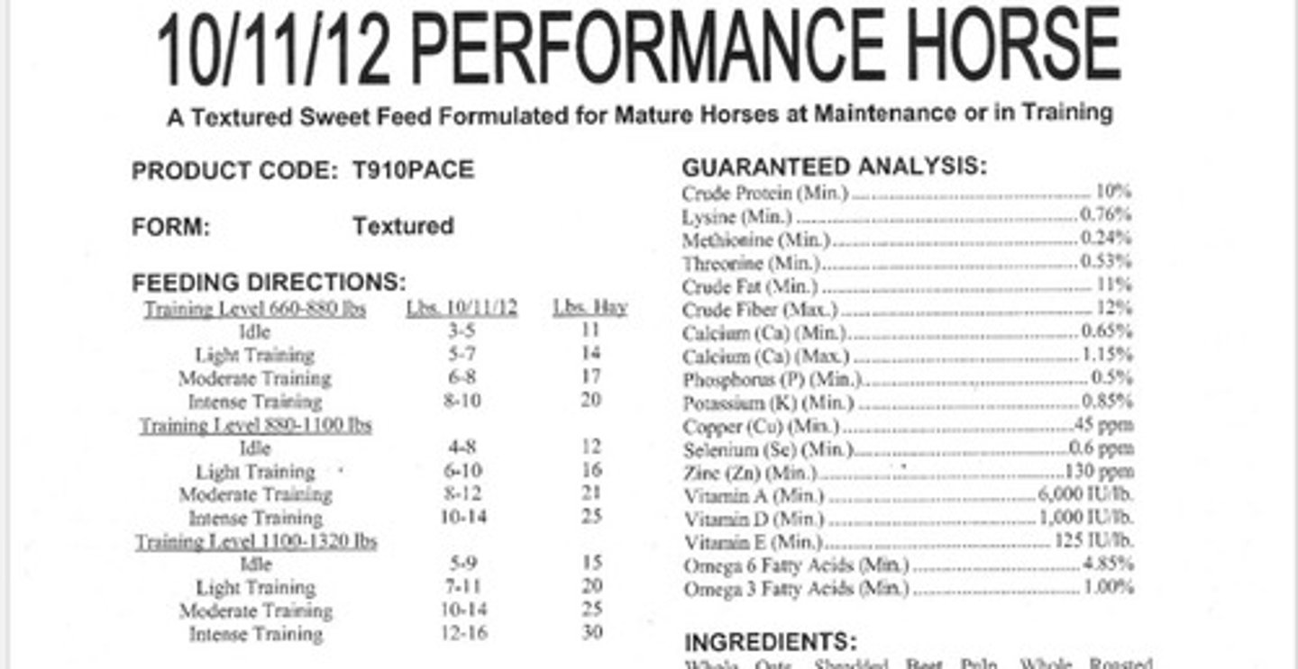 <p>this feed is intended for ______ , with those ongoing _____ training needing the most of it in their diet. This feed serves as a supplement to be added to a primarily _____ diet.</p>