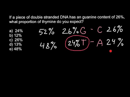<ol><li><p>You would first be given a percentage of one of the nitrogen bases.</p></li><li><p>You would then need to find the nitrogen bond that binds with their complementary bond and equals the same as each other according to Chargaff’s rule; ex. Cytosine is 30%, so Guanine is 30% as well.</p></li><li><p>Then for the remaining number of percentages, divided them by two and make into the other two nitrogen bases; ex. If Cytosine and Guanine is 60% total, then Adenine and Thymine will each have 20%, that total to 40%, since they’re equal amounts</p></li><li><p>Results: Cytosine - 30% Guanine - 30% Adenine - 20% Thymine - 20% (Make sure they equal 100%)</p></li></ol><p></p>