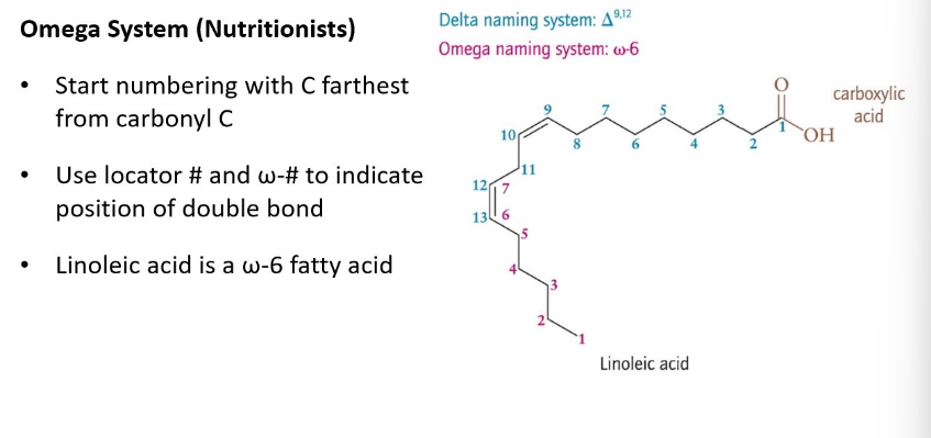 <ul><li><p>start numbering with C farthest from carbonyl</p></li><li><p>use locator number and w to indicate double bond</p></li></ul>