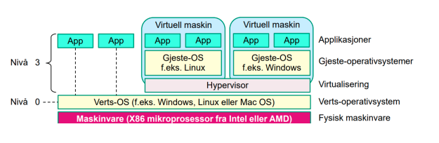 <p>hypervisor-programmet blir installert som en vanlig applikasjon på vertsoperativsystemet. enkelt for vanlige brukere å installere og bruke. nivå -1 brukes ikke: gjeste-os og hypervisor kjører som vanlige applikasjoner på nivå 3. </p><p>OS trenger å utflre privilegerte funksjoner som krever nivå 0</p>