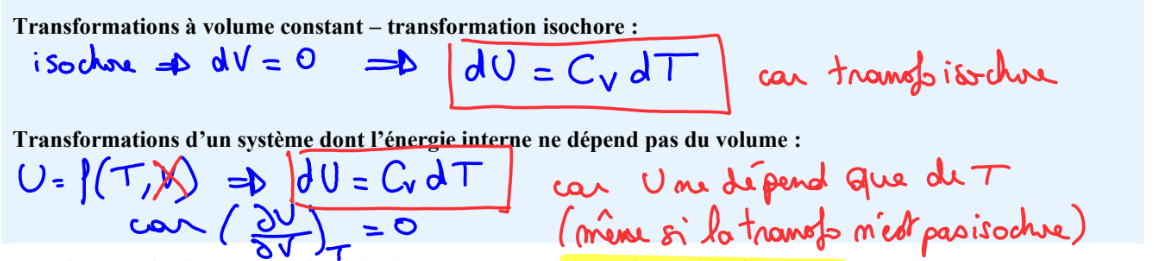 <p> car Rappel W = 0 si isochore</p><p>donc La variation d’énergie interne est égal au transfer thermique <span>Δ</span>U=Q</p>