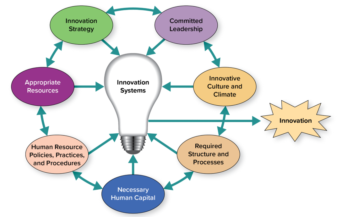 <ol><li><p>Innovation strategy</p></li><li><p>Committed leadership</p></li><li><p>Innovative culture and climate</p></li><li><p>Required structure and processes</p></li><li><p>Necessary human capital</p></li><li><p>Human resource policies, practices, and procedures</p></li><li><p>Appropriate resources</p></li></ol><p></p>