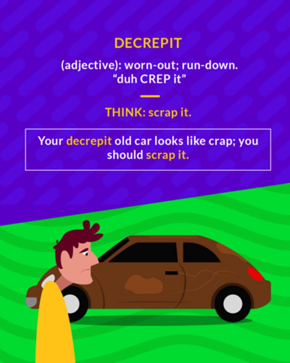 <p>(adj.) old and feeble; worn-out, ruined</p>