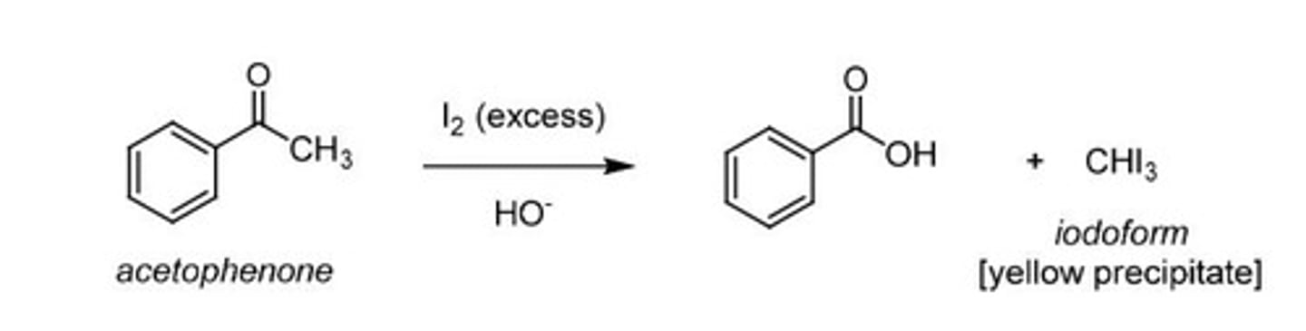 <p>Uses excess halogen to substitute alpha hydrogen.</p>