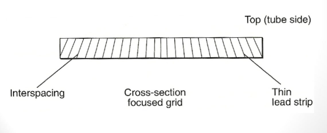 <p><u>Extremely thin, closely spaced lead strips</u> (placed vertically or slanted) <u>separated by radiolucent material.</u></p>