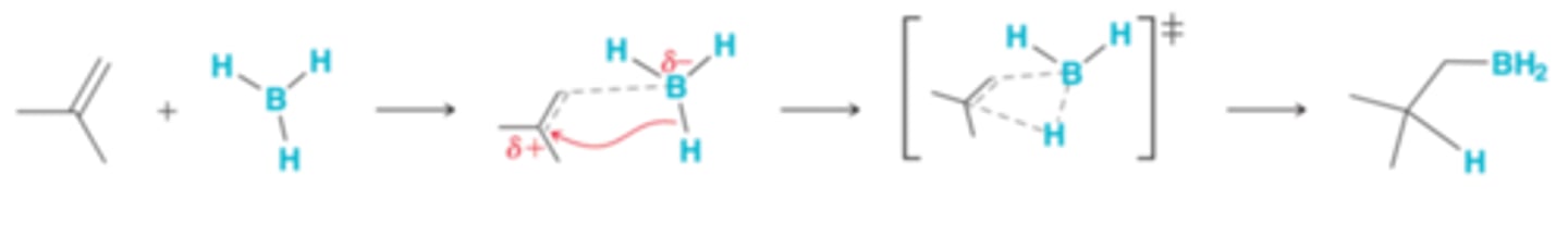 <p>In the first step of the proposed mechanism, attack of the pi bond triggers a simultaneous hydride shift. However, this process does not have to be perfectly simultaneous. As the pi bond attacks the empty p orbital of boron, one of the vinylic positions can begin to develop a partial positive charge(+δ). There will be a preference for any positive character to develop at the more substituted carbon. In order to accomplish this, the BH2 group must be positioned at the less substituted carbon atom</p>