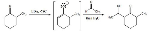 <p>results in the corresponding enolate</p>