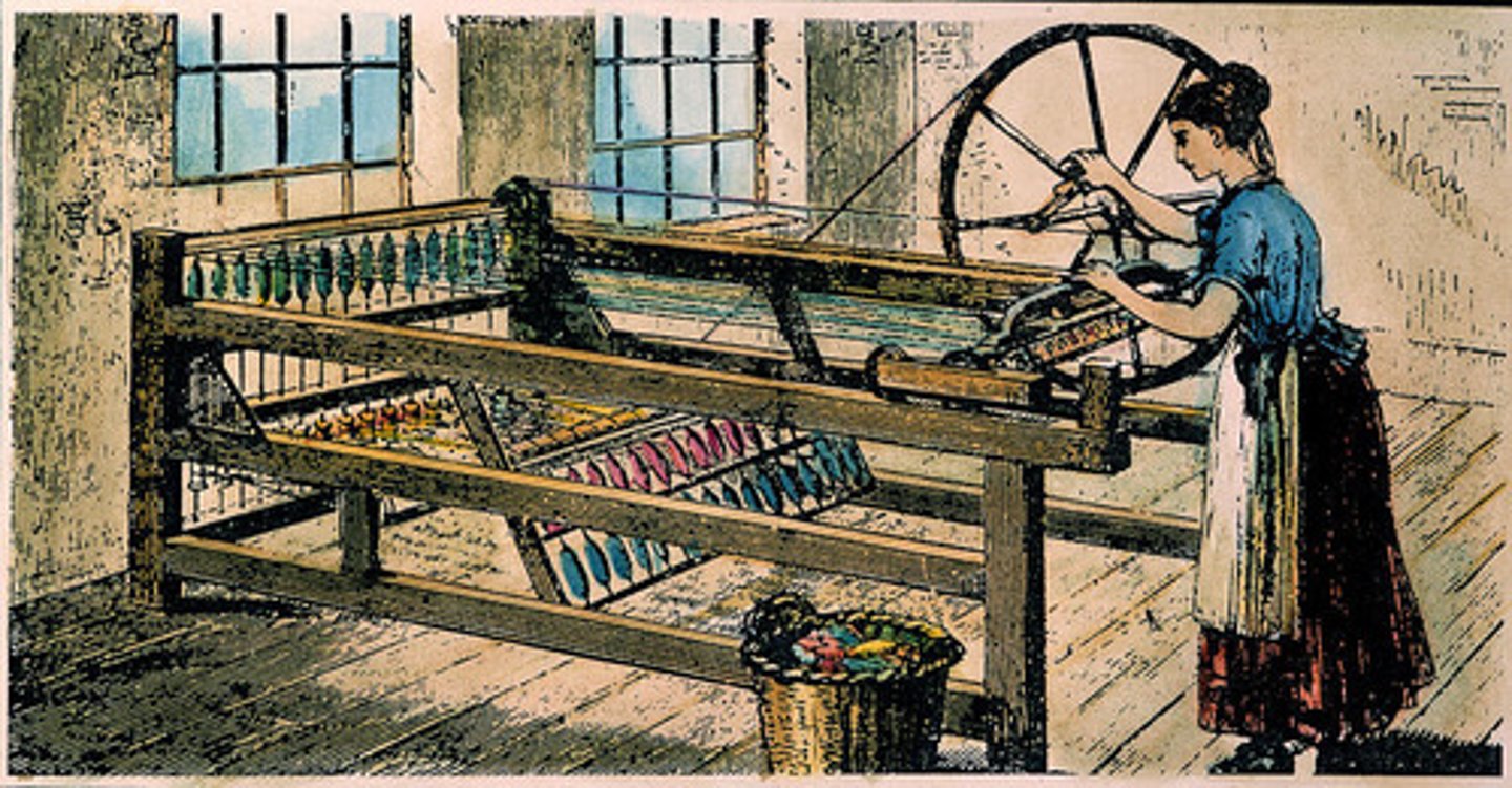 <p>This machine played an important role in the mechanization of textile production; conceived c. 1764 by James Hargreaves, an English weaver.</p>