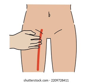 <p>at the groin</p>
