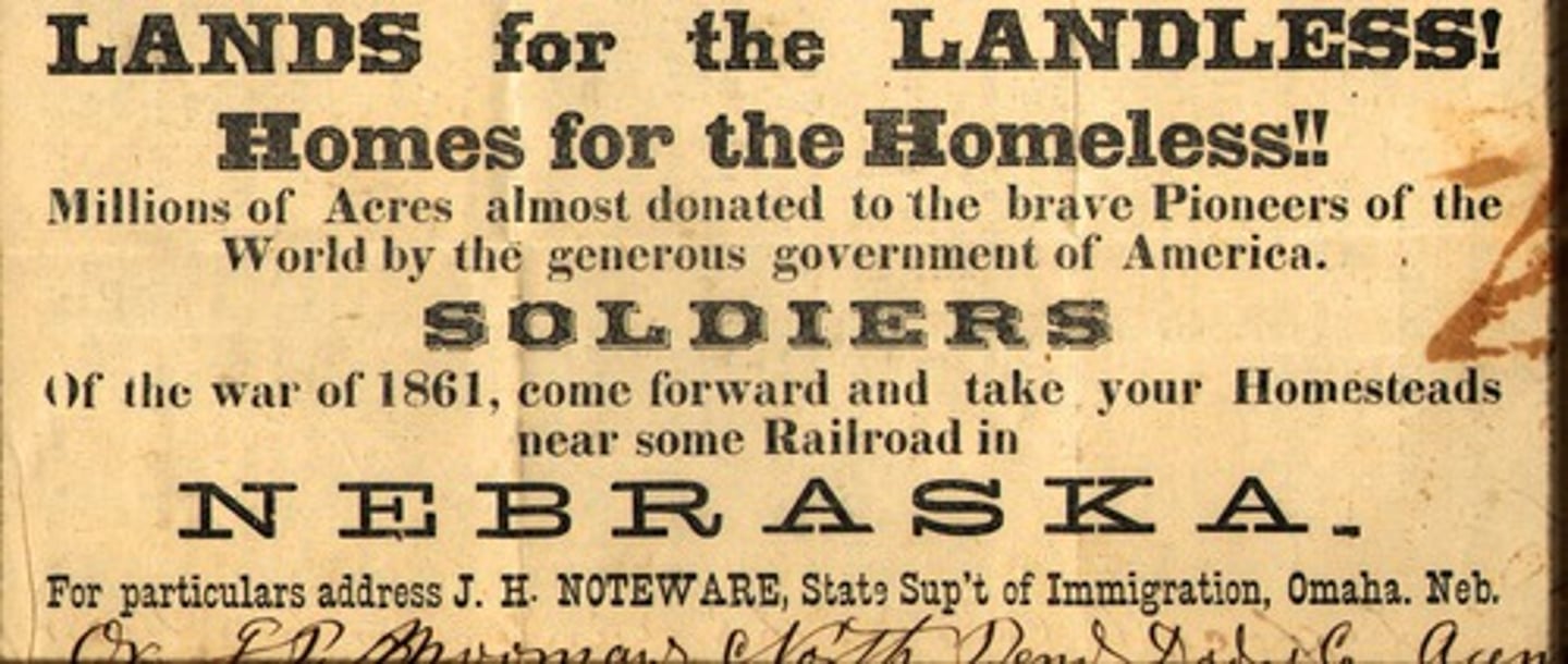 <p>Gave 160 acres of land to American settlers if they would farm it. Settled the Great Plains but led to conflicts with Native Americans.</p>