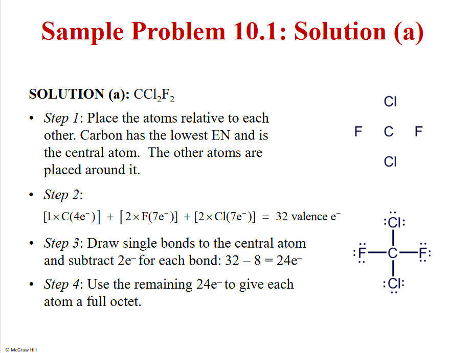 C - lowest EN in centere

Cl,F, H - NOT IN CENTER - ONLY 1 BOND