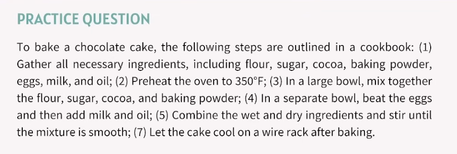 <p>What important step is missing in the chocolate cake baking process as outlined in the cookbook?</p>