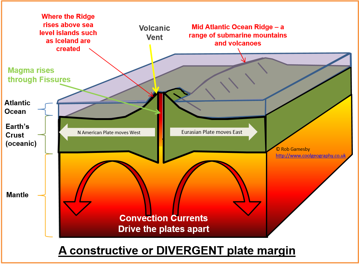 <p>At this type of plate margin two plates are moving apart (DIVERGE) from each other in opposite directions. Convection currents moving in opposite directions (caused by the intense heat of the Earth's interior) in the mantle move two plates apart. As these plates move apart this leaves cracks and fissures (lines of weakness), that allows magma from the mantle to escape from the highly pressurised interior of the planet. This magma fills the gap and eventually erupts onto the surface and cools as new land. This can create huge ridges of undersea mountains and volcanoes, and where these mountains poke above the level of the sea, islands are created. Both earthquakes and volcanoes can result at these margins, the earthquakes caused by the movement of magma through the crust. A really good example of this is the Mid-Atlantic Ridge, where the Eurasian plate moves away from the North American plate at a rate of around 4cm per year. Iceland owes its existence to this ridge.</p>