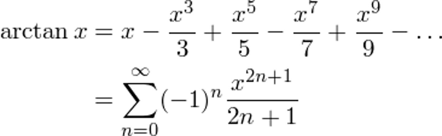 <p>ALL TRIG EQUATIONS= positive, negative, positive, negative WITH A (-1)ⁿ<br><br>arctan does NOT have a factorial in the denominator. exponent matches denominator. arctan has all odd exponents<br><br><br>x^2n+1 / 2n+1</p>