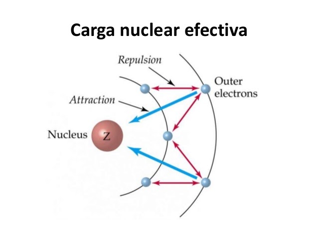 <p>La <mark data-color="purple" style="background-color: purple; color: inherit">fuerza que experimenta un electrón de valencia (de atracción) al núcleo</mark>. Esta se ve perjudicada por el número de electrones internos, debido a que mientras <strong>más electrones internos, más reducida esta atracción dado que se reparte</strong>.</p><p>Esta propiedad <mark data-color="purple" style="background-color: purple; color: inherit">influirá en la periodicidad.</mark></p>