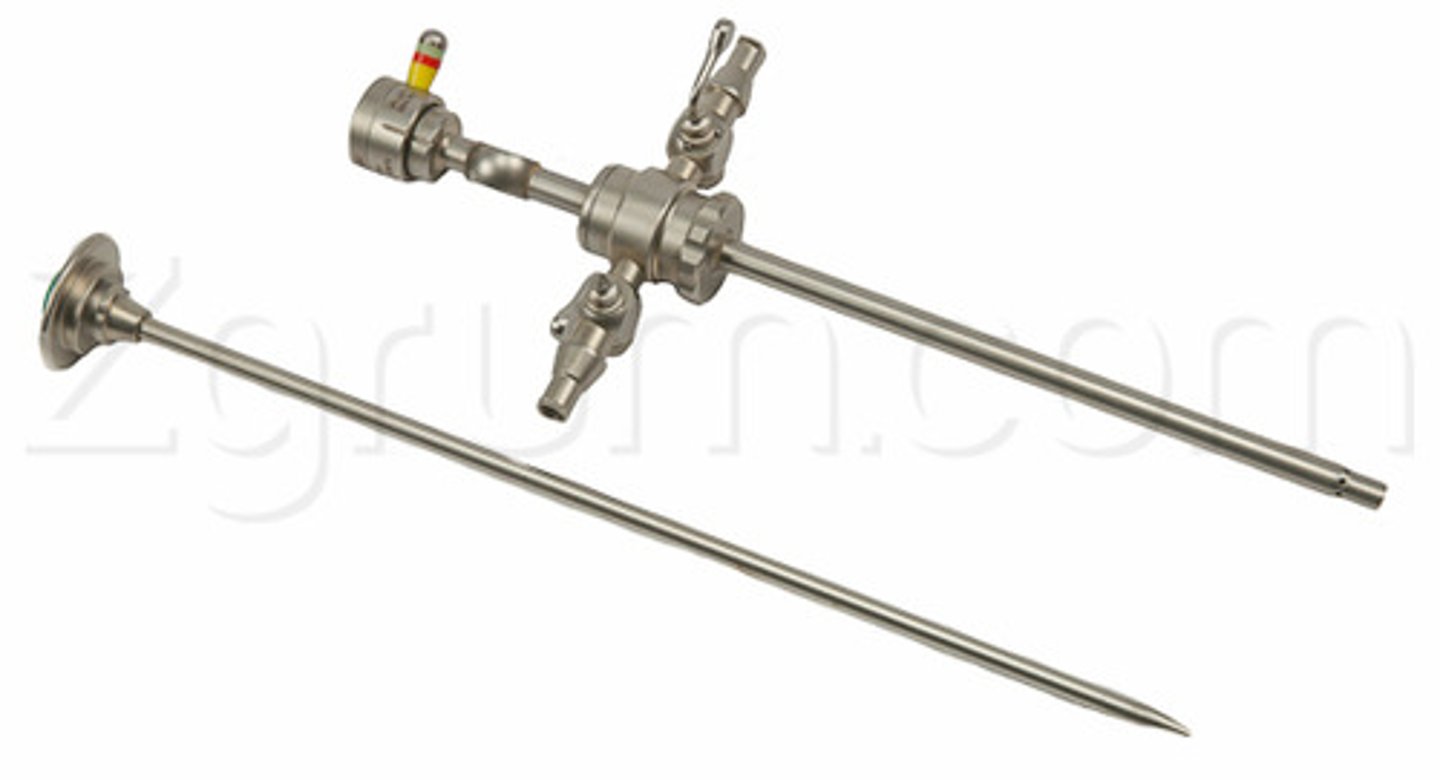 <p>a medical device that is made up of an obturator (which may be a metal or plastic sharpened or non-bladed tip), a cannula (basically a hollow tube), and a seal. Trocars are placed through the abdomen during laparoscopic surgery.trocar functions as a portal for the subsequent placement of other instruments, such as graspers, scissors, staplers, etc.</p>