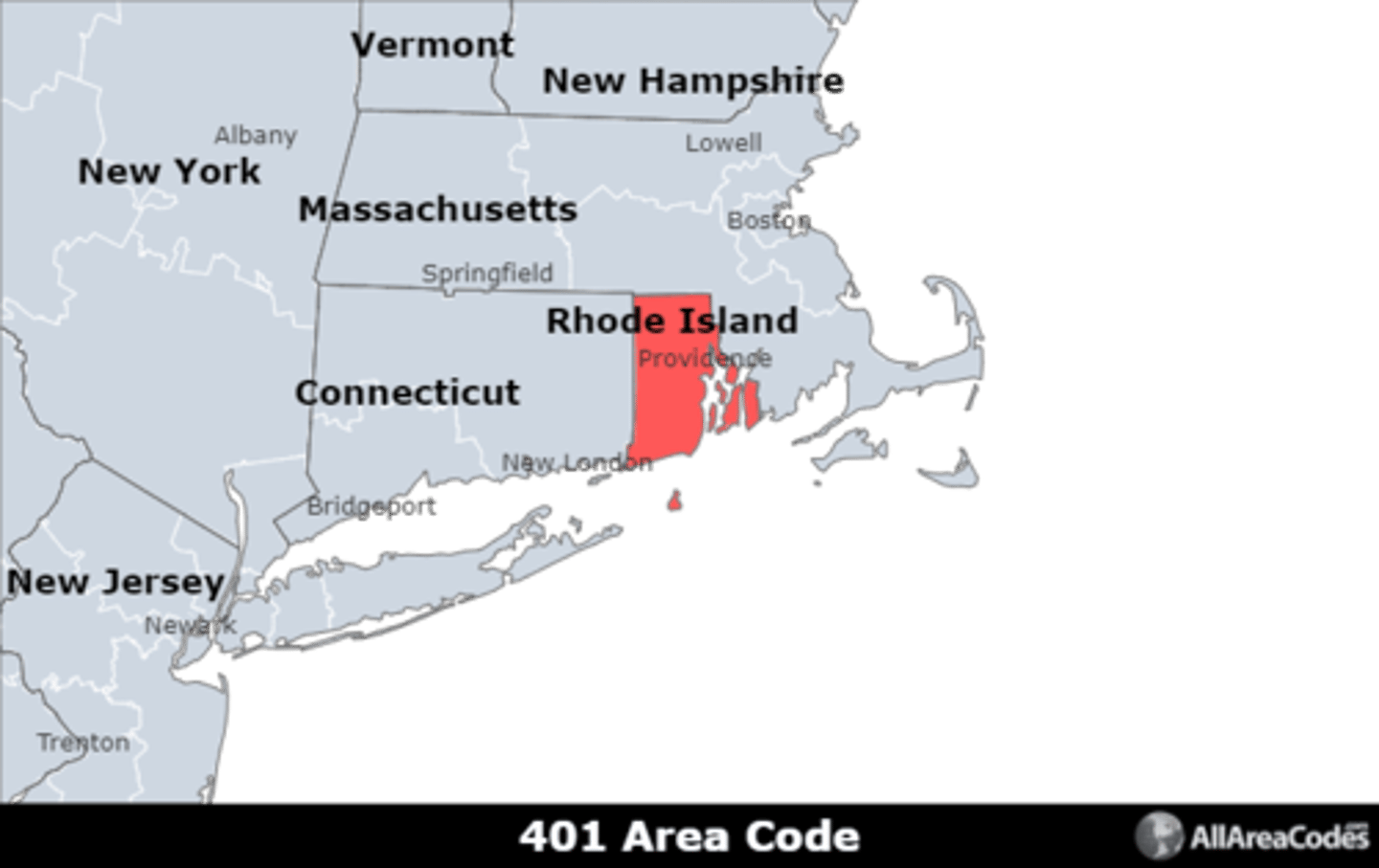 <p>Area code 401 covers the entire state of Rhode Island. It is the only area code that serves the area.</p>