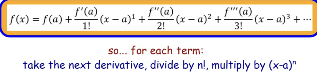 <p>an expansion of a function into an infinite sum of terms, with increasing exponents of a variable like x, x²,.. and usually centered about an x value (x=a) </p>