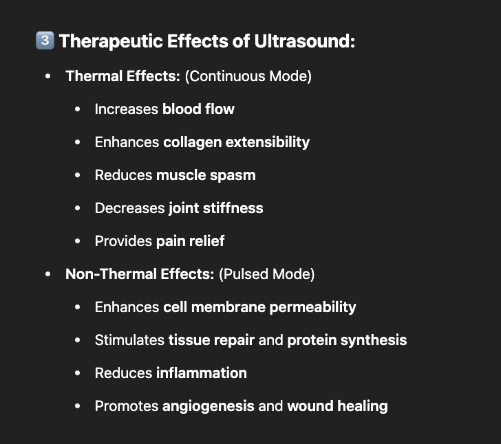 <p></p><ul><li><p>﻿﻿Non-Thermal Effects: (Pulsed Mode)</p></li><li><p>﻿﻿Enhances cell membrane permeability</p></li><li><p>﻿﻿Stimulates tissue repair and protein synthesis</p></li><li><p>﻿﻿Reduces inflammation</p></li><li><p>﻿﻿Promotes angiogenesis and wound healing</p><p></p></li></ul><p></p>