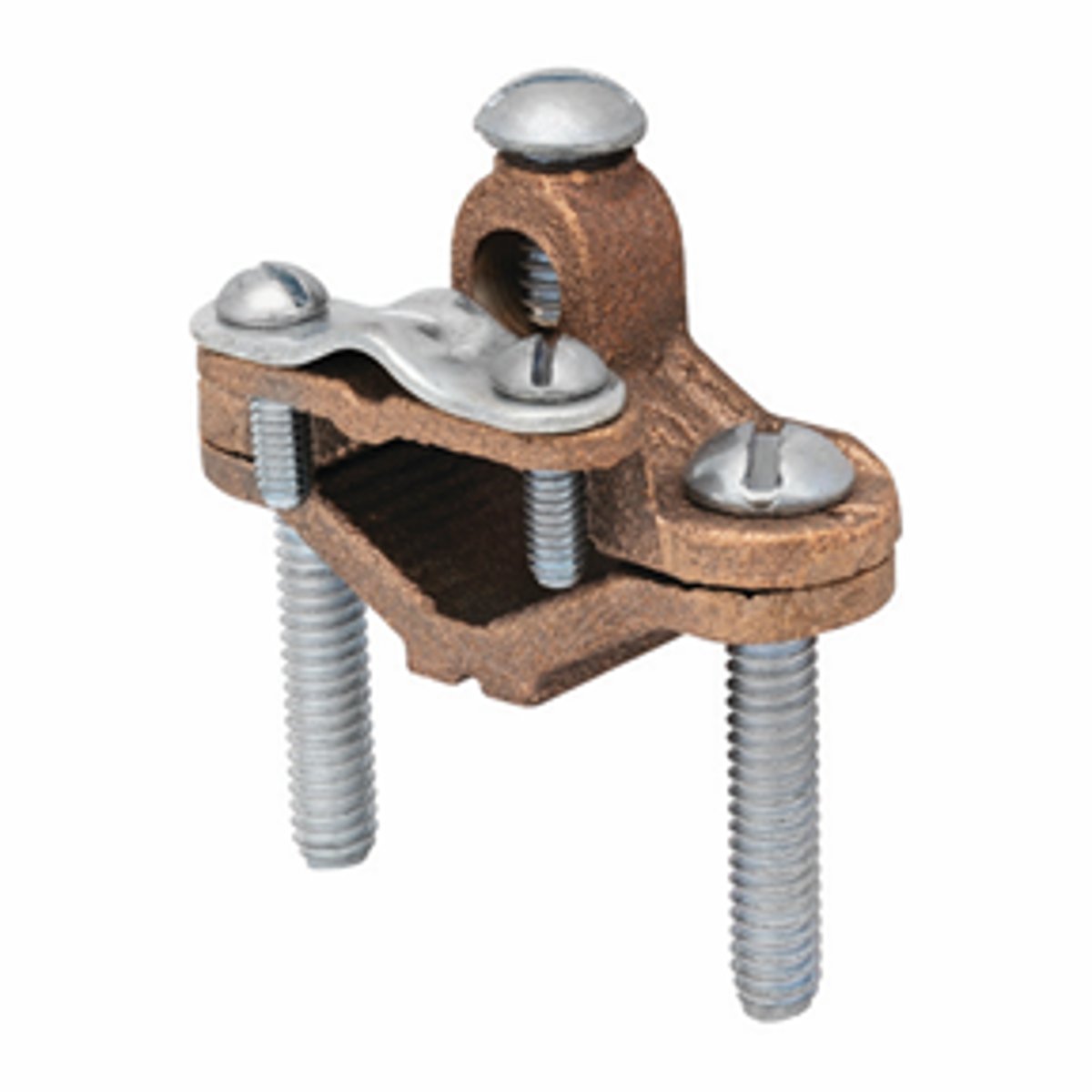 <p>Connects a ground wire to a grounding rod, reinforcing bar, or metal water pipe. This provides for a good ground in the event of a power spike or lightning strike.</p>