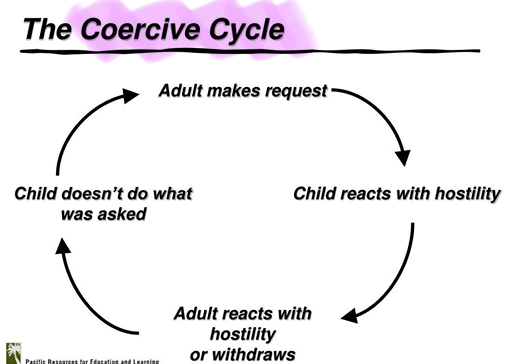 <p>Demands from parent → child uses delay ans escape strategies + reacts with hostility → inconsistent responses and explosions from parent → reinforces disruptive behaviours </p><p>→ It’s also a key target for interventions </p>