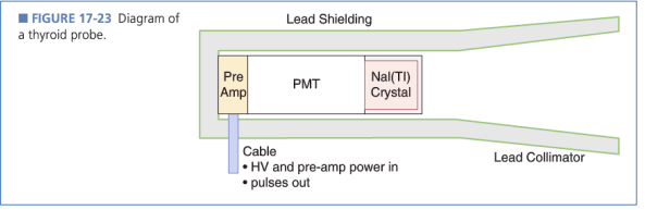 <p>Thyroid probe scintillator detectors work by detecting gamma radiation emitted from the thyroid gland using NaI(Tl) scintillators, which convert gamma rays into visible light. This light is then converted into an electrical signal by photomultiplier tubes, allowing for the measurement of radioactivity. </p><ul><li><p>no image is produced, just a count</p></li></ul><p></p>