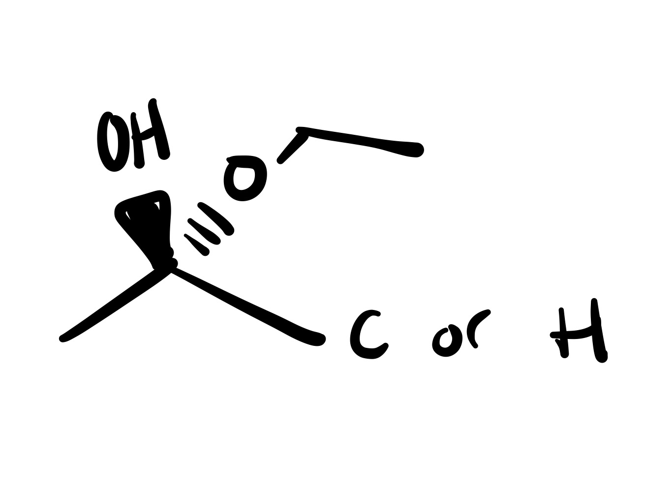 <p>The double bond is broken, and the H attaches to the O (on a wedge). The O carbon chain attaches on the same carbon (as a dash)</p>