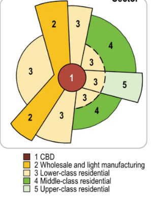 <p>Based on improving the Concentric Zone Model. Use of sectors/wedges to classify each type of land use pattern.</p><ul><li><p>Sectors develop along transportation routes.</p></li><li><p>Low income housing develops surrounding industry and major transportation routes.</p></li><li><p>Middle and high-income housing develops further from the city center and manufacturing so as not to experience heavy traffic, pollution, etc.</p></li></ul>