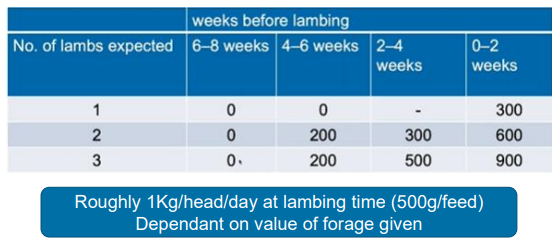 <p>» Growing foetus means smaller rumen capacity</p><p>» Less intake of dry matter from forages</p><p>» Increased requirement for concentrates for energy</p><p></p><p>remember split concentrates cos too much not good for rumen - increasee concentrate amount slowly to allow gut microbes to accomodate</p><p></p><p>ewes with low calcium is bad, magnesium levels mut be good too</p><p></p><p>Other considerations- Trough space Housing according to BCS/ Multiples?</p>